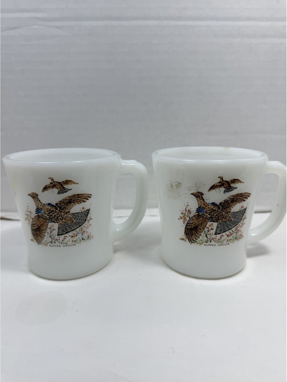Vintage 1960s Fire-King Ruffed Grouse Milk Glass Wildlife Coffee Mugs Set of 2